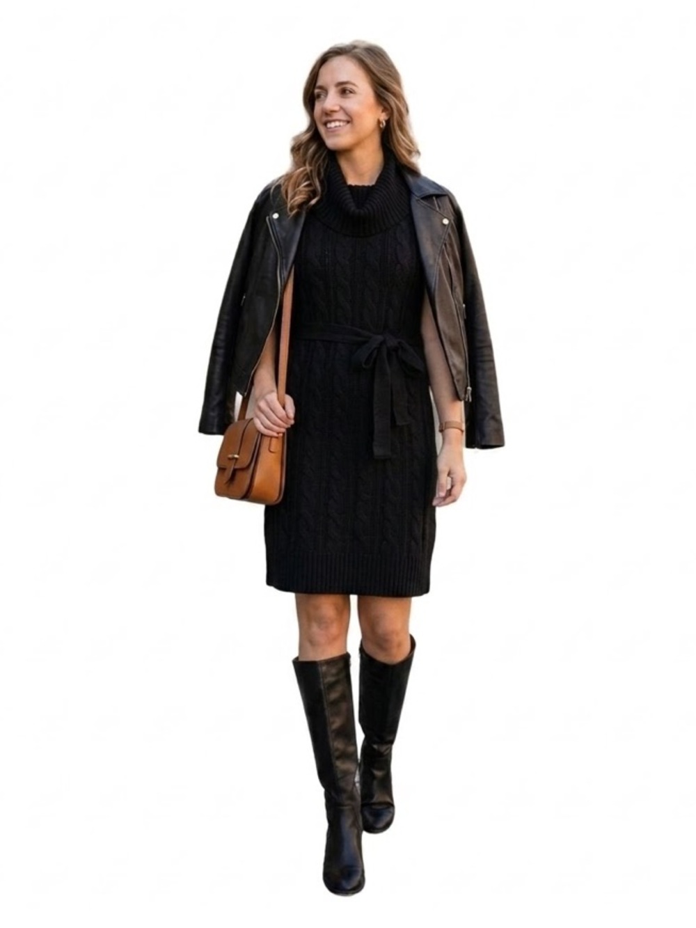 INC NWT Black Cable Knit Cowl Neck Belted Sweater Dress L